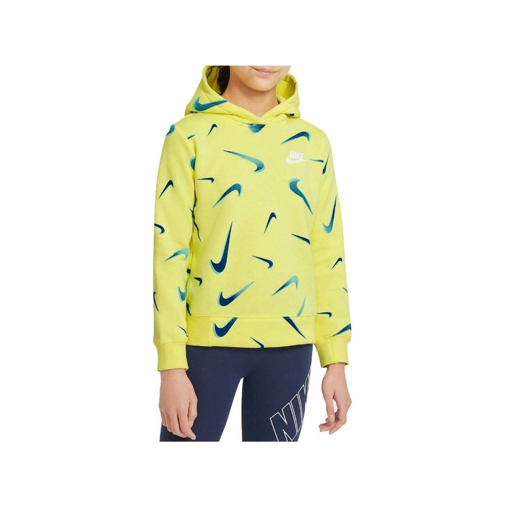 Nike Sweatshirt Girl's Swoosh Sportswear 3D Print Hooded Yellow Blue DC3429-712 - Picture 1 of 9